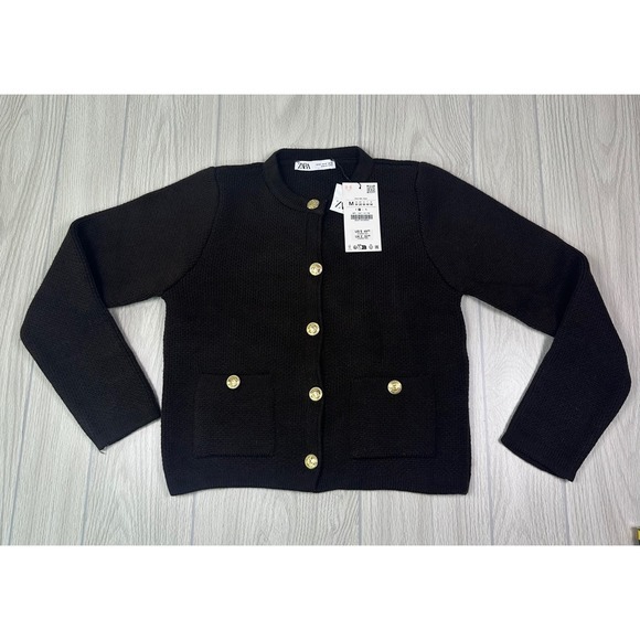 ZARA Women's Brown Knit Cardigan Gold Button Pockets Crew Neck Size M - Picture 2 of 15